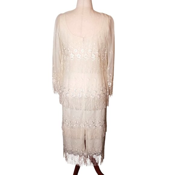VTG Cattiva New York Cream Embroidered Lace Fringe Teired Dress w/ Jacket 8 - Picture 2 of 16